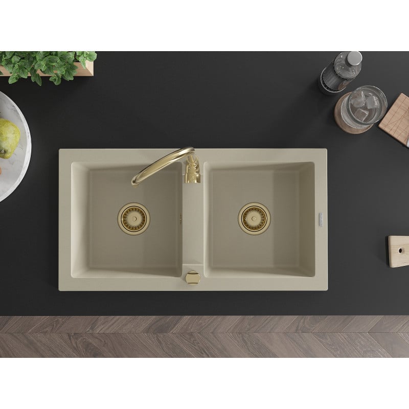 Mexen Mario granitspüle 2-Kammer mit Küchenarmatur Telma, beige - 6504-69-670200-50