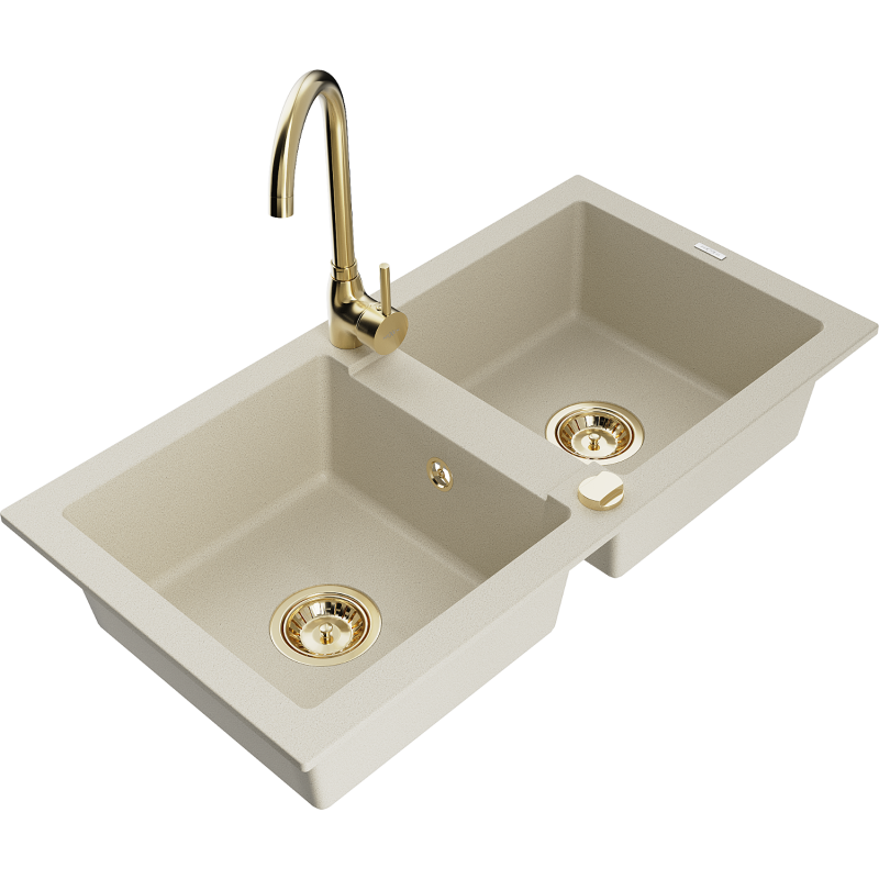 Mexen Mario granitspüle 2-Kammer mit Küchenarmatur Telma, beige - 6504-69-670200-50