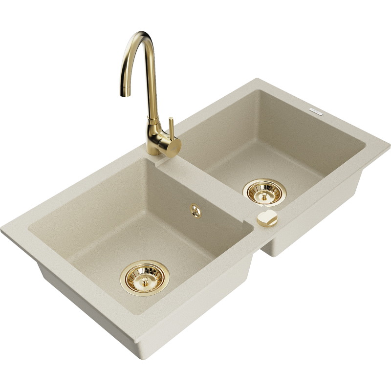 Mexen Mario Granitspüle 2-Kammern mit Küchenarmatur Telma, beige - 6504-69-670200-50