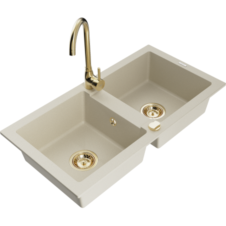 Mexen Mario granitspüle 2-Kammer mit Küchenarmatur Telma, beige - 6504-69-670200-50