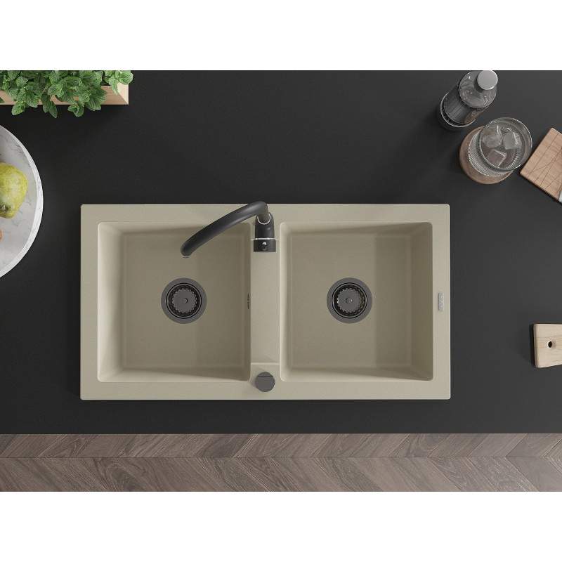 Mexen Mario granitspüle 2-beck mit küchenarmatur Telma, beige - 6504-69-670200-70