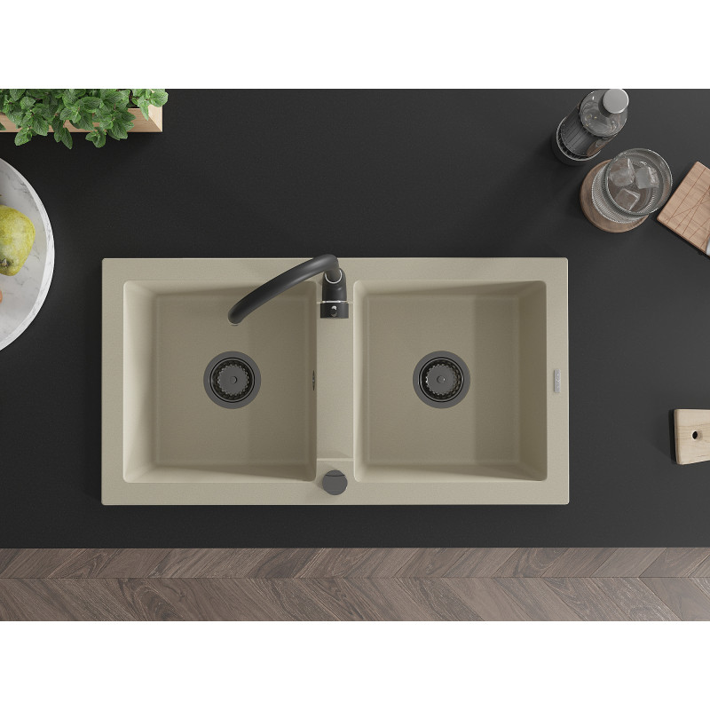 Mexen Mario Granitspüle 2-Kammer mit Küchenarmatur Telma, beige - 6504-69-670200-70