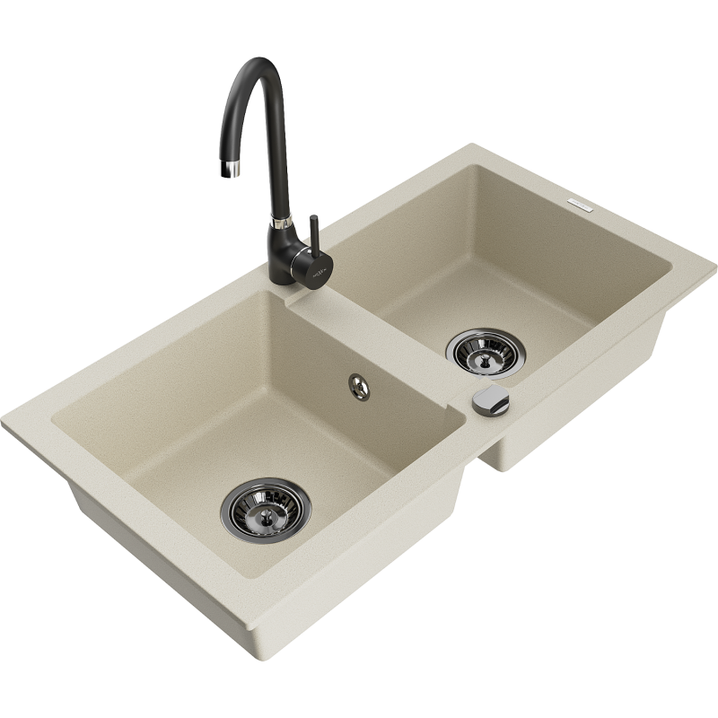 Mexen Mario Granitspüle 2-Kammer mit Küchenarmatur Telma, beige - 6504-69-670200-70
