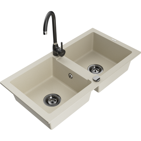 Mexen Mario Granitspüle 2-Kammer mit Küchenarmatur Telma, beige - 6504-69-670200-70