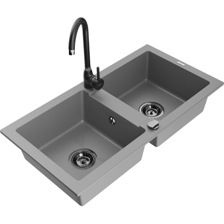 Mexen Mario 2-Kammer Granitspüle mit Küchenarmatur Telma, grau - 6504-71-670200-70-B