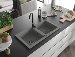 Mexen Mario 2-Kammer Granitspüle mit Küchenarmatur Telma, grau - 6504-71-670200-70-B