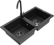 Mexen Mario 2-Kammer Granitspüle mit Küchenarmatur Telma, schwarz/silber - 6504-73-670200-70-B