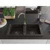 Mexen Mario Granitspüle mit 2 Becken und Küchenarmatur Telma, schwarz/gold - 6504-75-670200-50-B