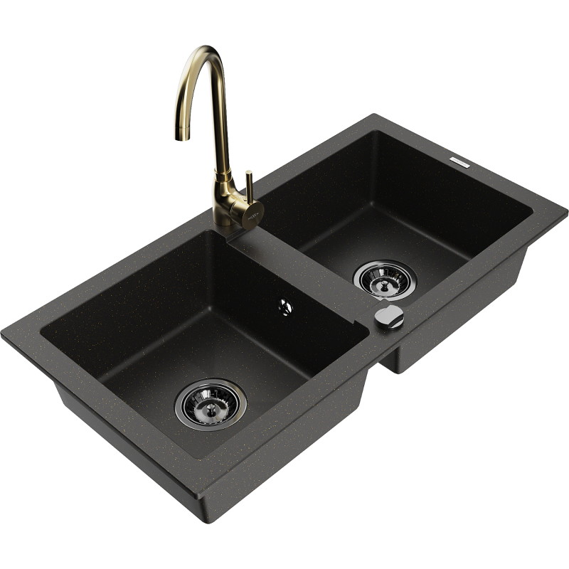 Mexen Mario Granit-Spülbecken mit 2 Kammern und Küchenarmatur Telma, schwarz/gold - 6504-75-670200-50-B