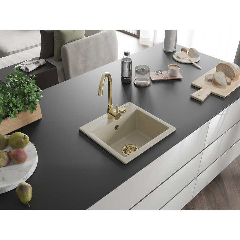 Mexen Milo Granitspüle 1-beckig mit Küchenarmatur Telma, beige - 6505-69-670200-50