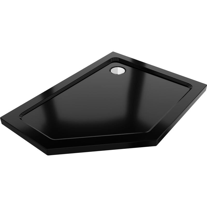 Mexen Flat Fünfeckige Slim-Duschwanne rechts 90 x 80 cm, schwarz, Chrom-Siphon - 41P708090R