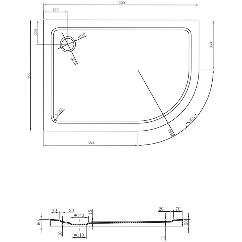 Mexen Flat Halbrunde Duschwanne Slim Links 120 x 90 cm, Weiß, Siphon Gold - 41109012L-G