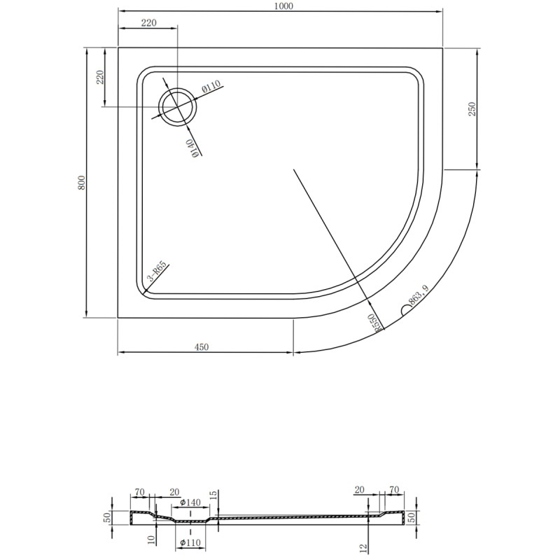 Mexen Flat Halbrunde Duschwanne Slim Links 100 x 80 cm, schwarz, schwarzer Siphon - 41708010L-B