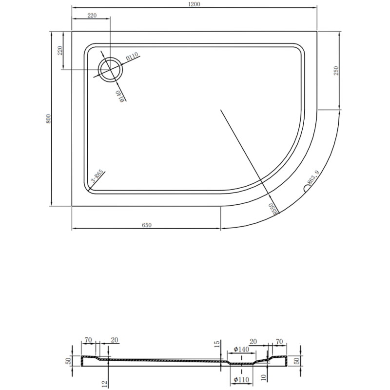 Mexen Flat Duschtasse halbrund slim links 120 x 80 cm, schwarz, Siphon schwarz - 41708012L-B