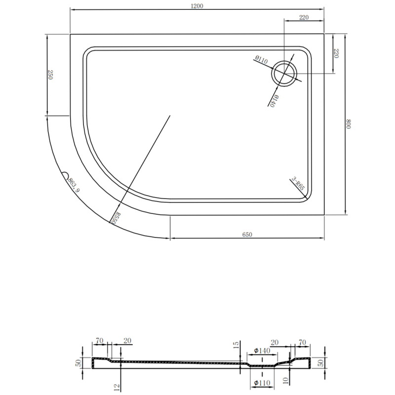 Mexen Flat Halbkreis-Duschwanne Slim 70 x 70 cm, weiß, Chrom-Siphon - 41107070