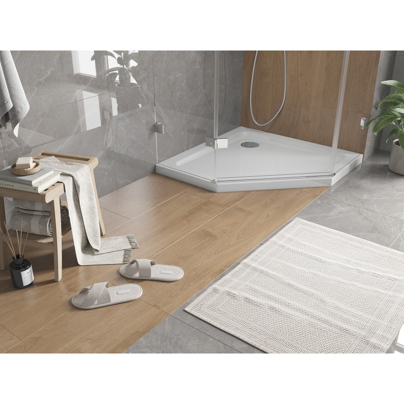 Mexen Flat fünfeckige Duschwanne Slim 80 x 80 cm, weiß, Siphon Chrom - 41P108080