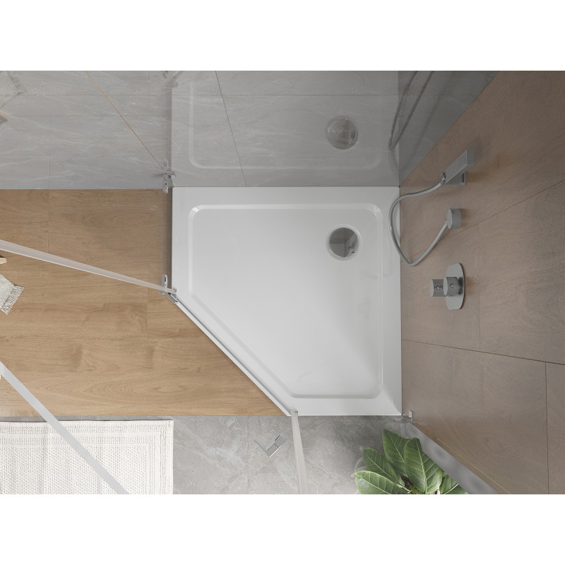 Mexen Flat fünfeckige Duschwanne Slim 90 x 90 cm, weiß, Siphon Chrom - 41P109090