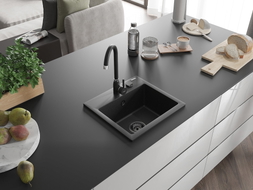 Mexen Milo Granitspüle 1-Becken mit Küchenarmatur Telma, schwarz/silber - 6505-73-670200-70-B