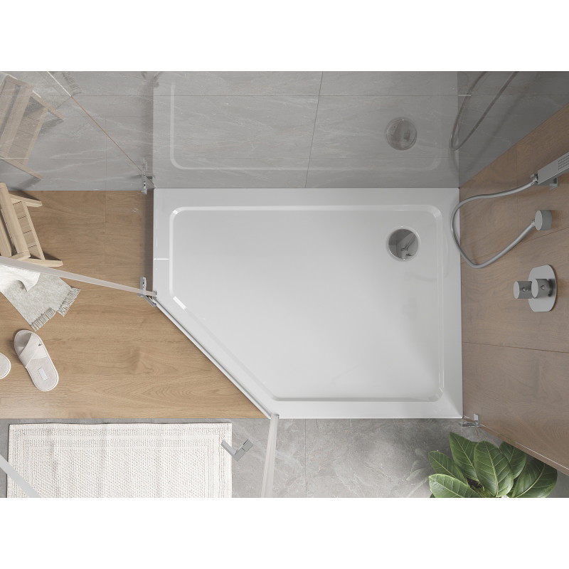 Mexen Flat Fünfeck-Duschwanne Slim Rechts 90 x 80 cm, weiß, Siphon Chrom - 41P108090R