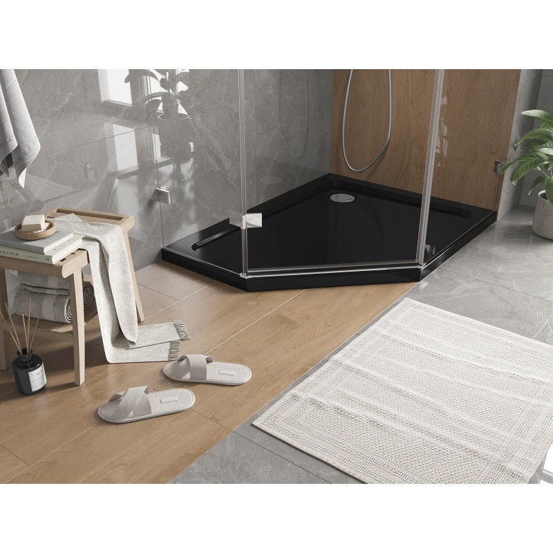 Mexen Flat Fünfeckige Slim-Duschwanne rechts 90 x 80 cm, schwarz, Chrom-Siphon - 41P708090R
