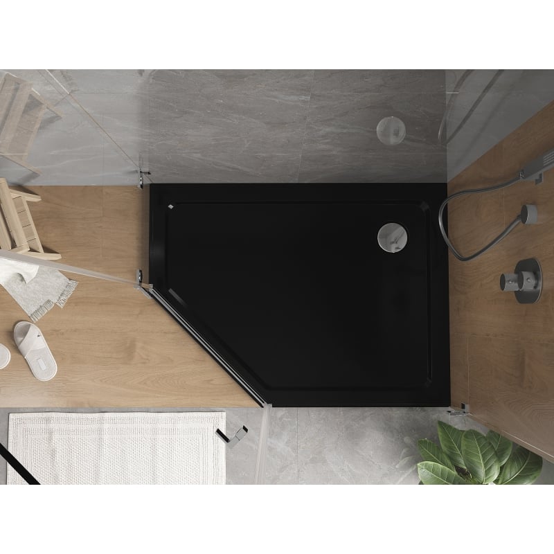 Mexen Flat fünfeckige Duschwanne Slim rechts 100 x 90 cm, schwarz, Siphon chrom - 41P709010R