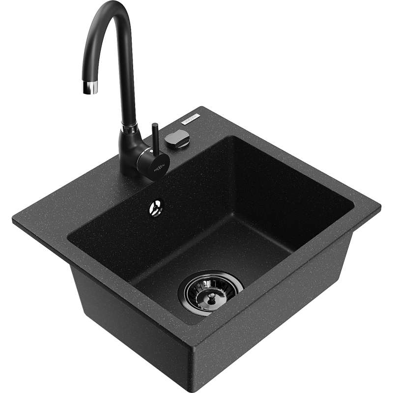 Mexen Milo Granitspüle 1-Becken mit Küchenarmatur Telma, schwarz/silber - 6505-73-670200-70-B