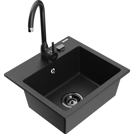 Mexen Milo Granitspüle 1-Becken mit Küchenarmatur Telma, schwarz/silber - 6505-73-670200-70-B