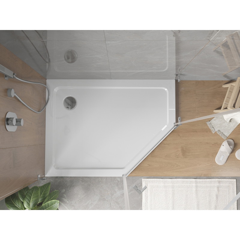 Mexen Flat Fünfeck-Duschwanne Slim Links 100 x 90 cm, Weiß, Siphon Chrom - 41P109010L