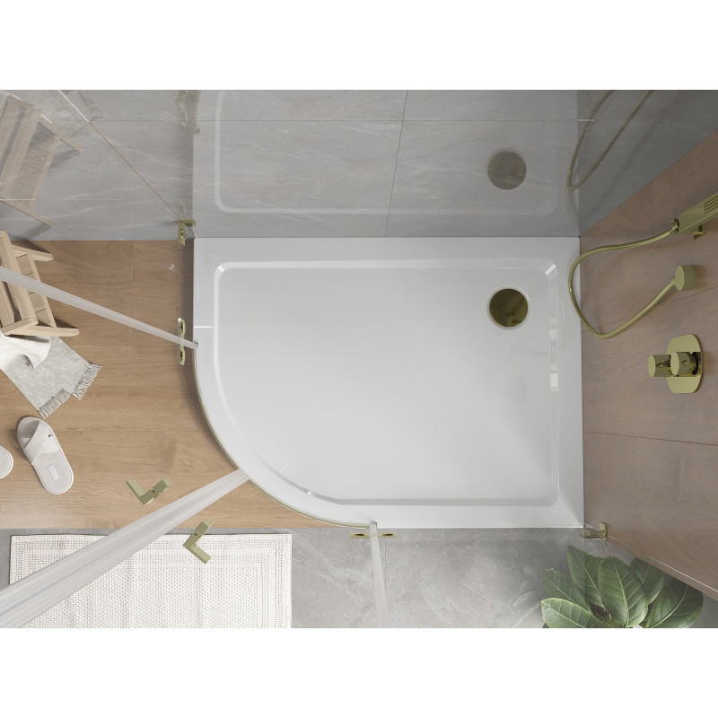 Mexen Flat halbkreisförmige Slim-Duschwanne rechts 120 x 90 cm, weiß, Siphon gold - 41109012P-G