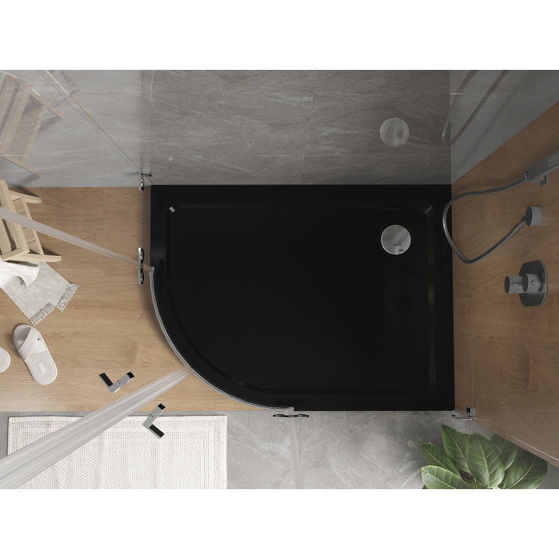 Mexen Flat Halbkreis-Duschwanne Slim rechts 90 x 80 cm, schwarz, Chrom-Siphon - 41708090P