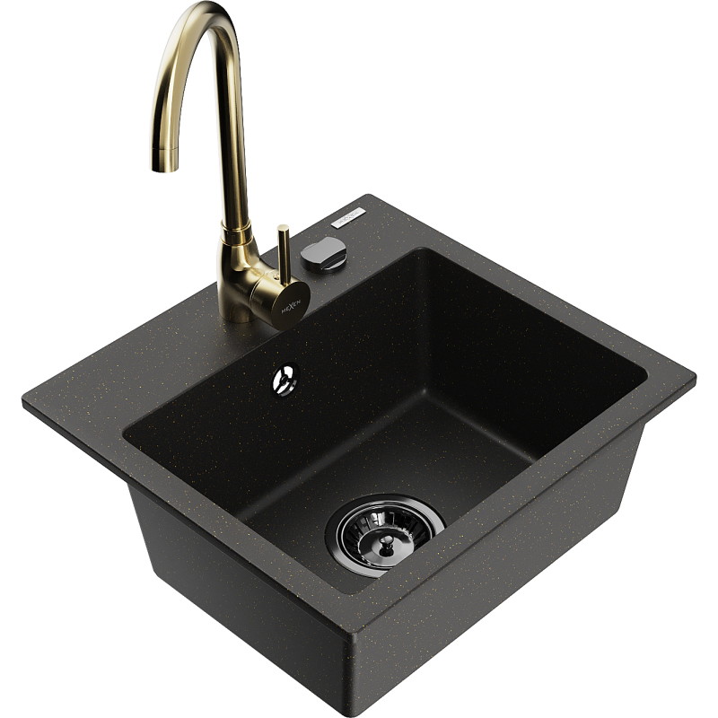 Mexen Milo granitspüle 1-becken mit küchenarmatur Telma, schwarz/gold - 6505-75-670200-50-B