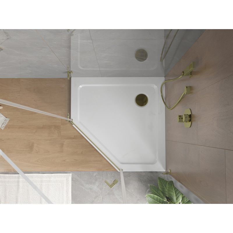 Mexen Flat Pentagonale Slim-Duschwanne 80 x 80 cm, weiß, goldener Siphon - 41P108080-G