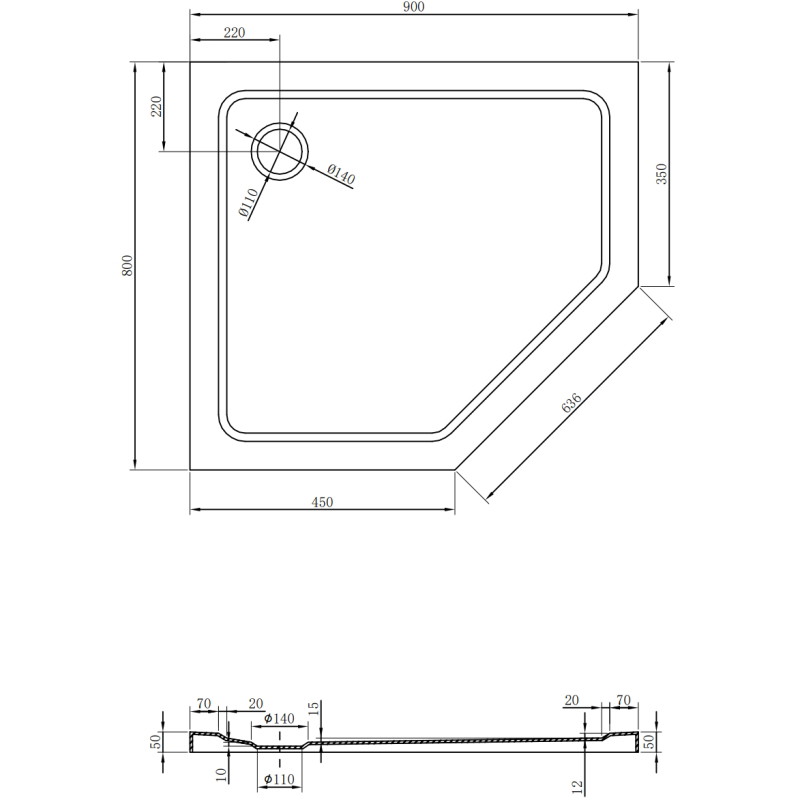 Mexen Flat fünfeckige Slim-Duschwanne links 90 x 80 cm, weiß, Siphon gold - 41P108090L-G