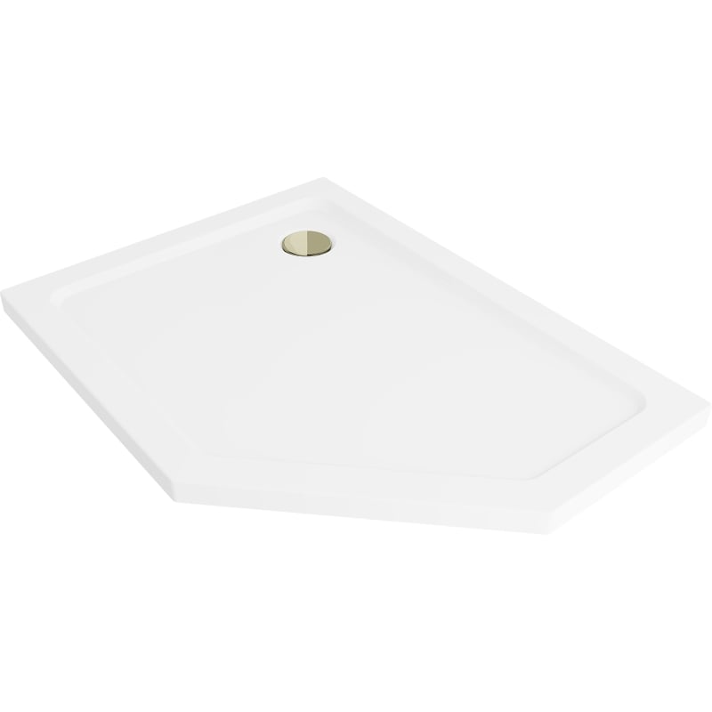 Mexen Flat fünfeckige Slim-Duschwanne links 90 x 80 cm, weiß, Siphon gold - 41P108090L-G