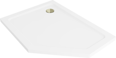 Mexen Flat fünfeckige Slim-Duschwanne links 90 x 80 cm, weiß, Siphon gold - 41P108090L-G
