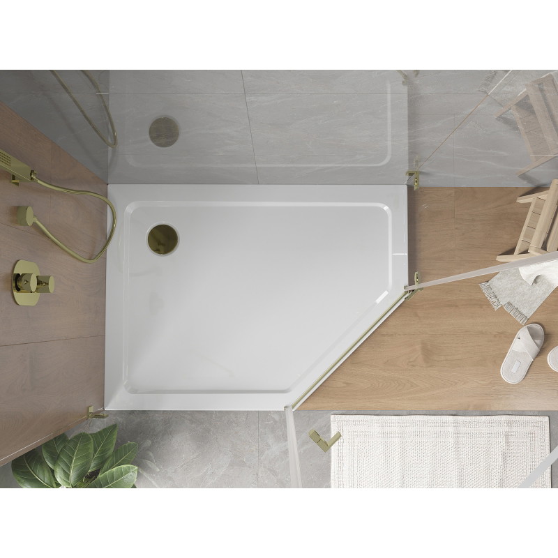 Mexen Flat fünfeckige Slim-Duschwanne links 90 x 80 cm, weiß, Siphon gold - 41P108090L-G