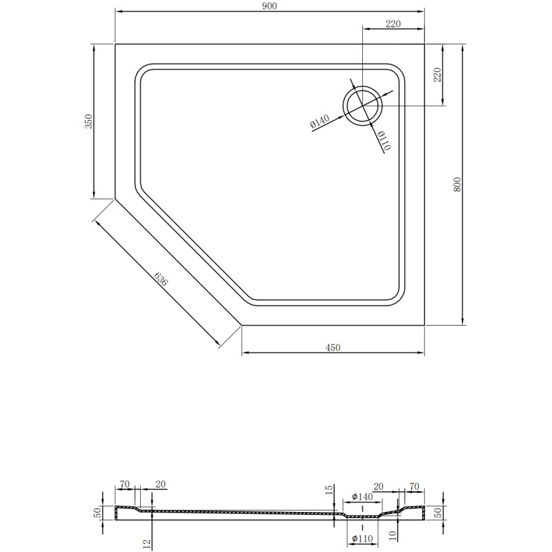 Mexen Flat Fünfeckige Duschwanne Slim Rechts 90 x 80 cm, Weiß, Siphon Gold - 41P108090R-G
