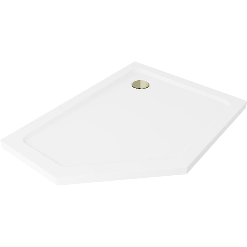 Mexen Flat Fünfeckige Duschwanne Slim Rechts 90 x 80 cm, Weiß, Siphon Gold - 41P108090R-G