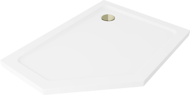 Mexen Flat Fünfeckige Duschwanne Slim Rechts 90 x 80 cm, Weiß, Siphon Gold - 41P108090R-G
