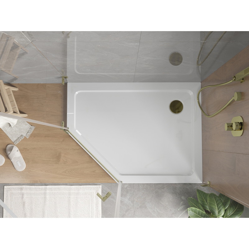 Mexen Flat Fünfeckige Duschwanne Slim Rechts 90 x 80 cm, Weiß, Siphon Gold - 41P108090R-G