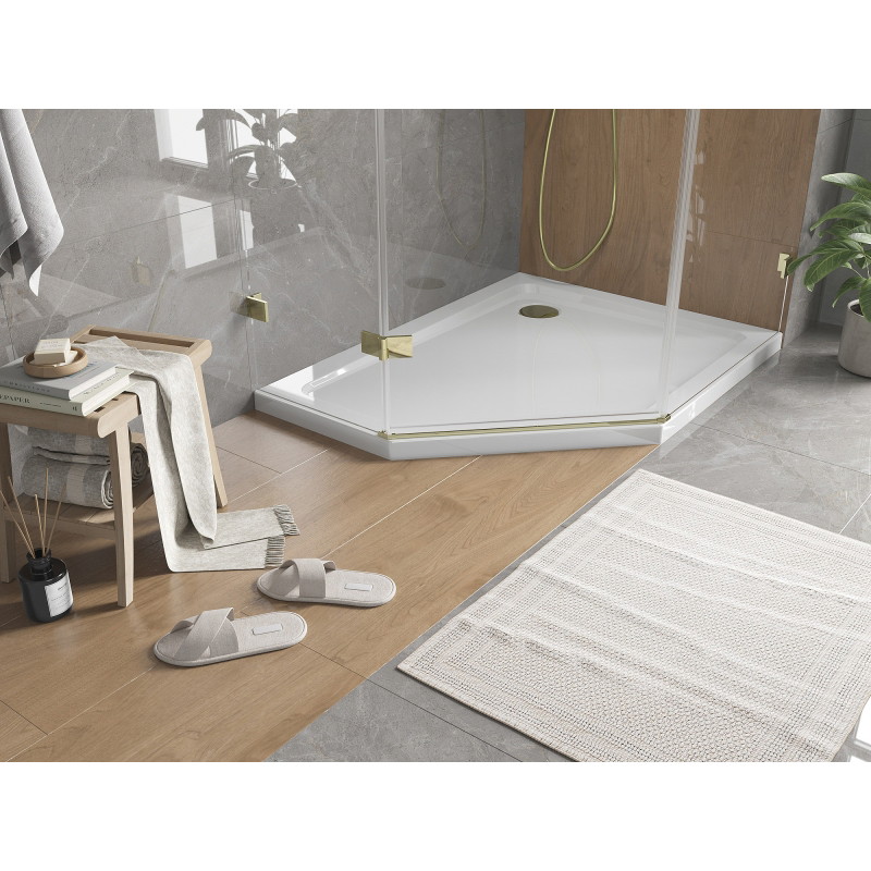 Mexen Flat Fünfeckige Duschwanne Slim rechts 100 x 80 cm, weiß, Siphon gold - 41P108010R-G