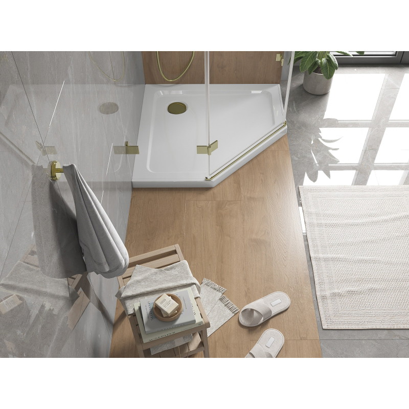 Mexen Flat fünfeckige Slim-Duschwanne 90 x 90 cm, weiß, goldener Siphon - 41P109090-G