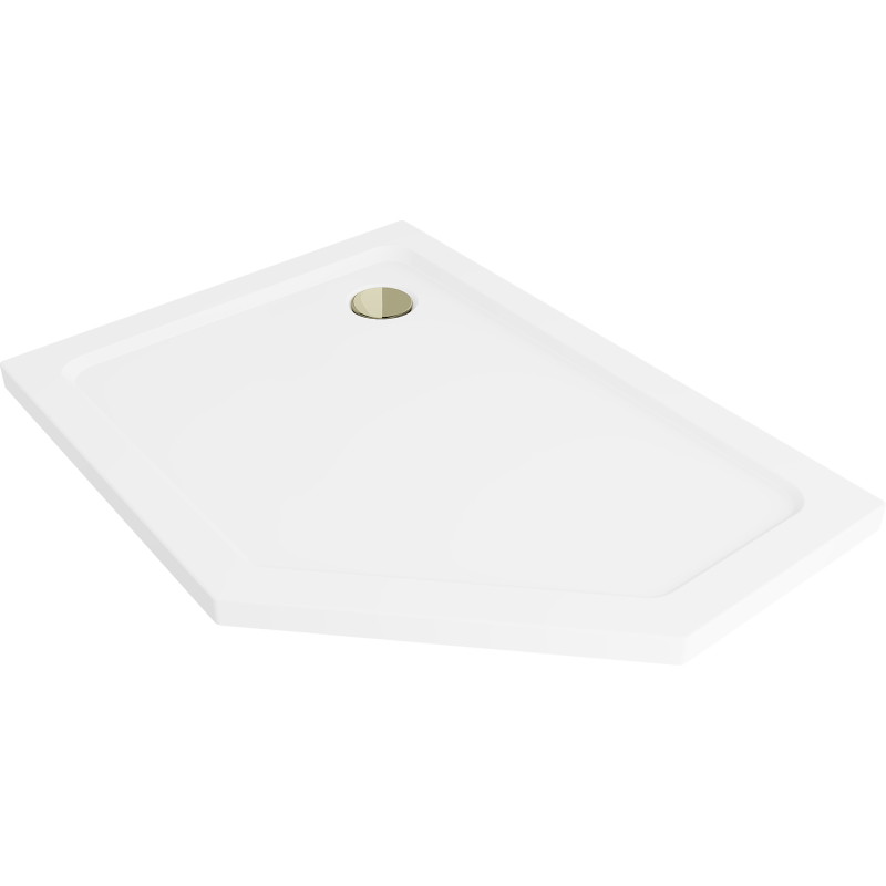 Mexen Flat Fünfeck-Duschwanne Slim links 100 x 90 cm, weiß, goldener Siphon - 41P109010L-G