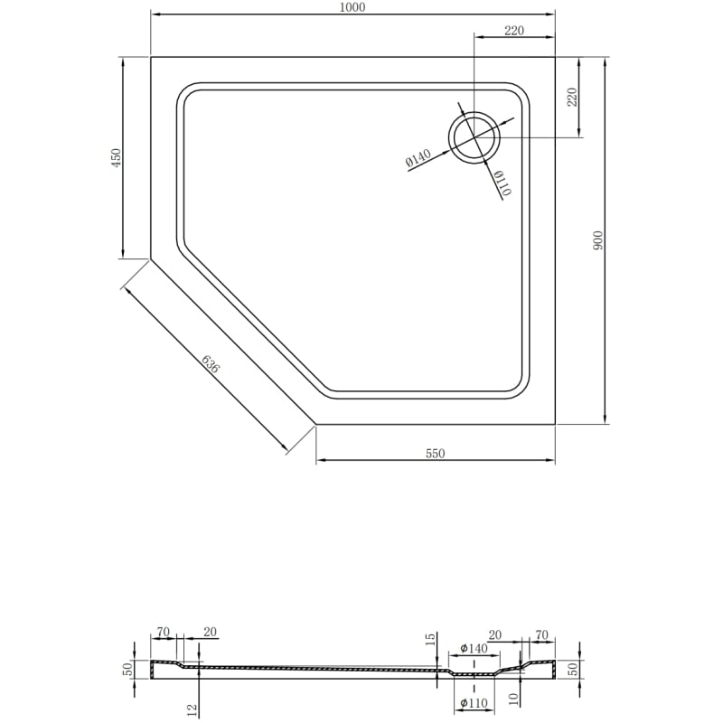 Mexen Flat Pentagonale Slim-Duschwanne rechts 100 x 90 cm, weiß, goldener Siphon - 41P109010R-G