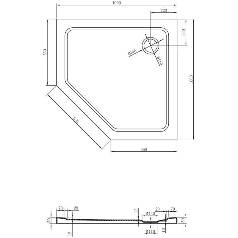 Mexen Flat Fünfeck-Duschwanne Slim 100 x 100 cm, weiß, goldener Siphon - 41P101010-G