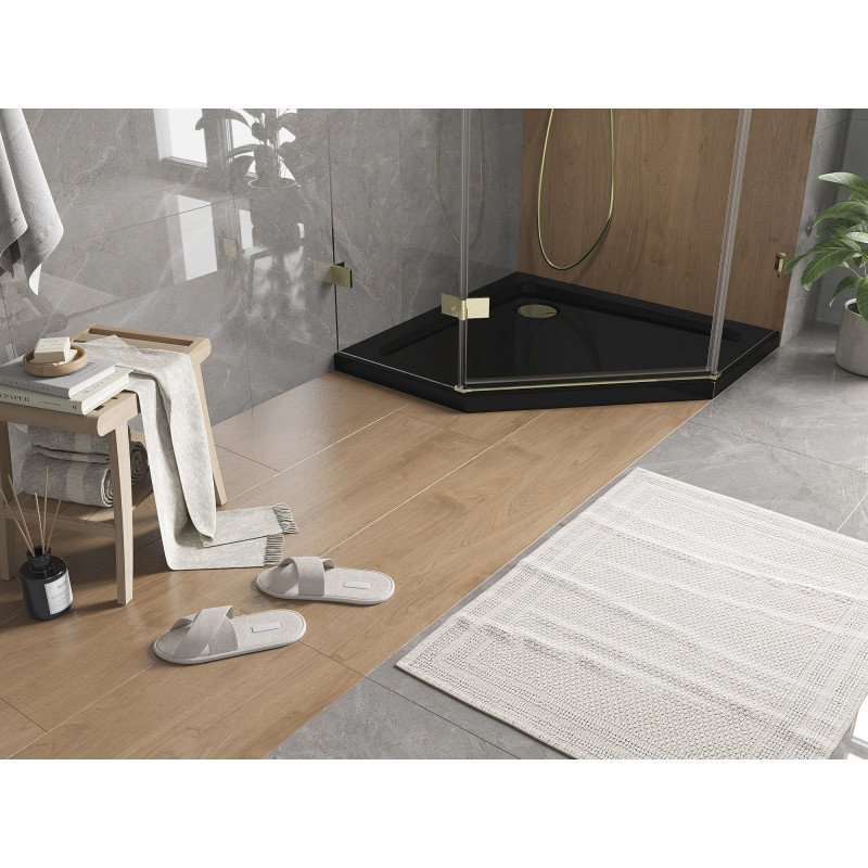 Mexen Flat Fünfeck-Duschwanne Slim 80 x 80 cm, schwarz, goldener Siphon - 41P708080-G