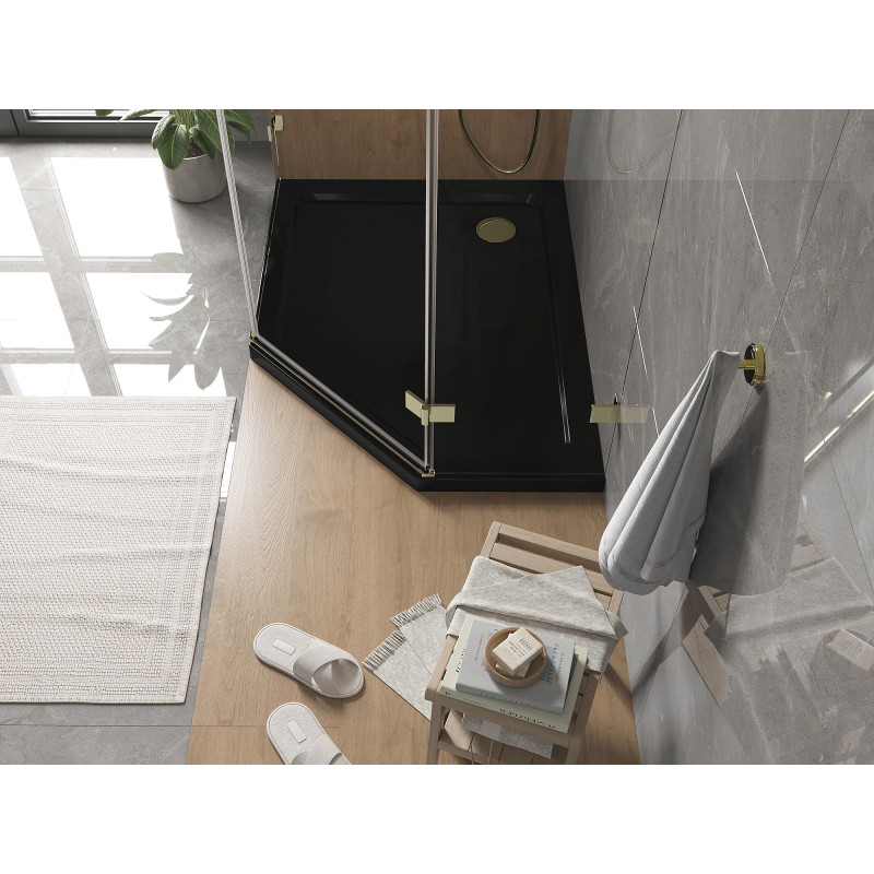 Mexen Flat Fünfeckige Duschwanne Slim Links 90 x 80 cm, schwarz, Siphon golden - 41P708090L-G