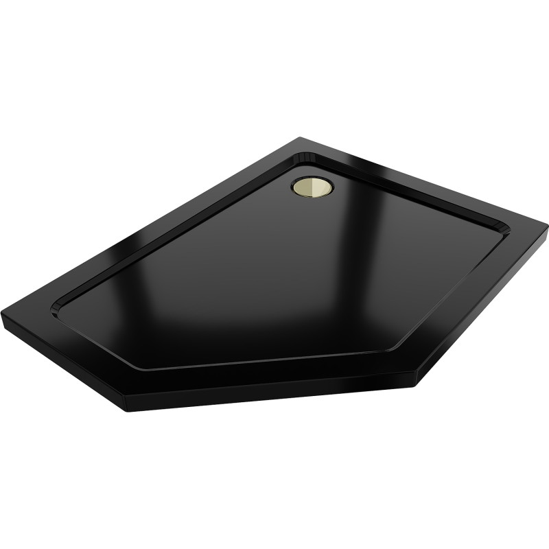 Mexen Flat Fünfeckige Slim-Duschwanne rechts 90 x 80 cm, schwarz, goldener Siphon - 41P708090R-G