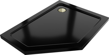 Mexen Flat Fünfeckige Slim-Duschwanne rechts 90 x 80 cm, schwarz, goldener Siphon - 41P708090R-G