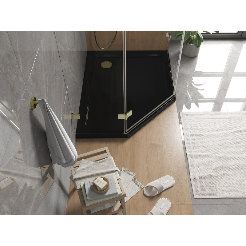 Mexen Flat Fünfeckige Slim-Duschwanne rechts 90 x 80 cm, schwarz, goldener Siphon - 41P708090R-G